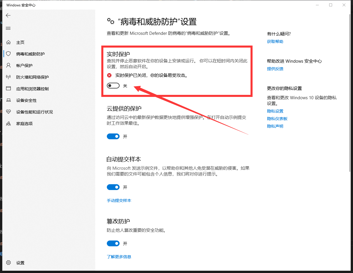 5.然后将“实时保护”选项设置为关闭,其他的千万不要动